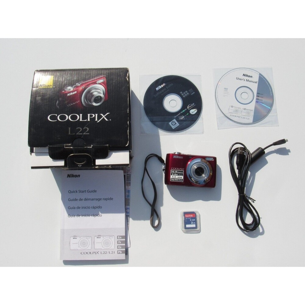 Nikon COOLPIX L22 12.0MP Digital Camera Red w/Box, Manual, USB & SD Card